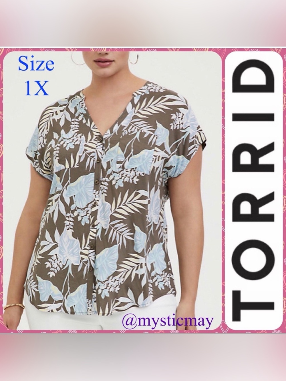 New w Tags TORRID Dark Taupe Floral Challis Button Top Plus Size 1X Blouse
